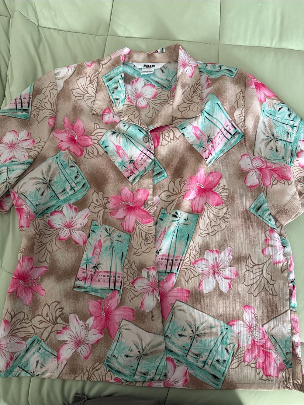 Alia Floral Camp Shirt in Pink, Teal & Beige